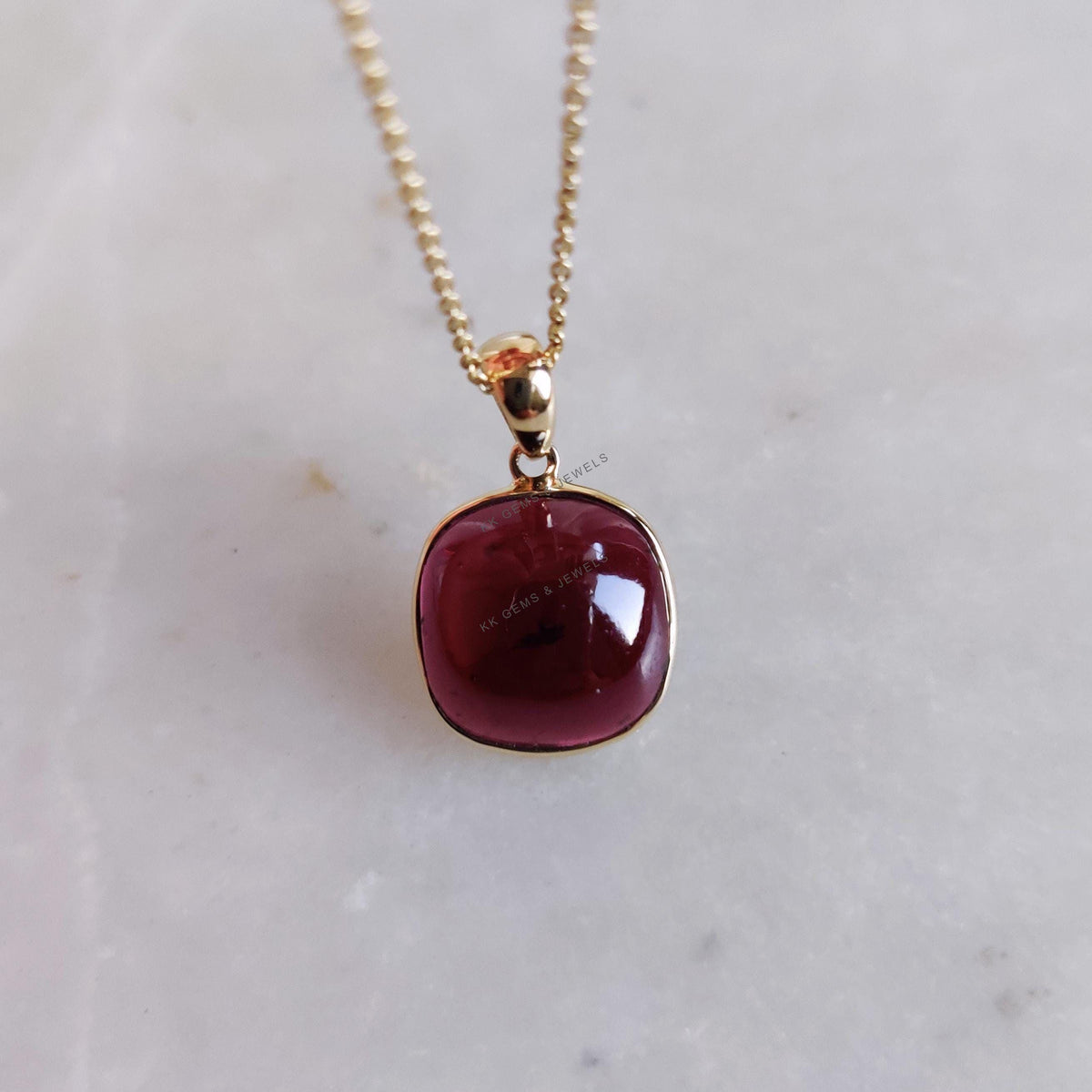 Natural Garnet Pendant: 14K Solid Yellow Gold Bezel Pendant, January Birthstone