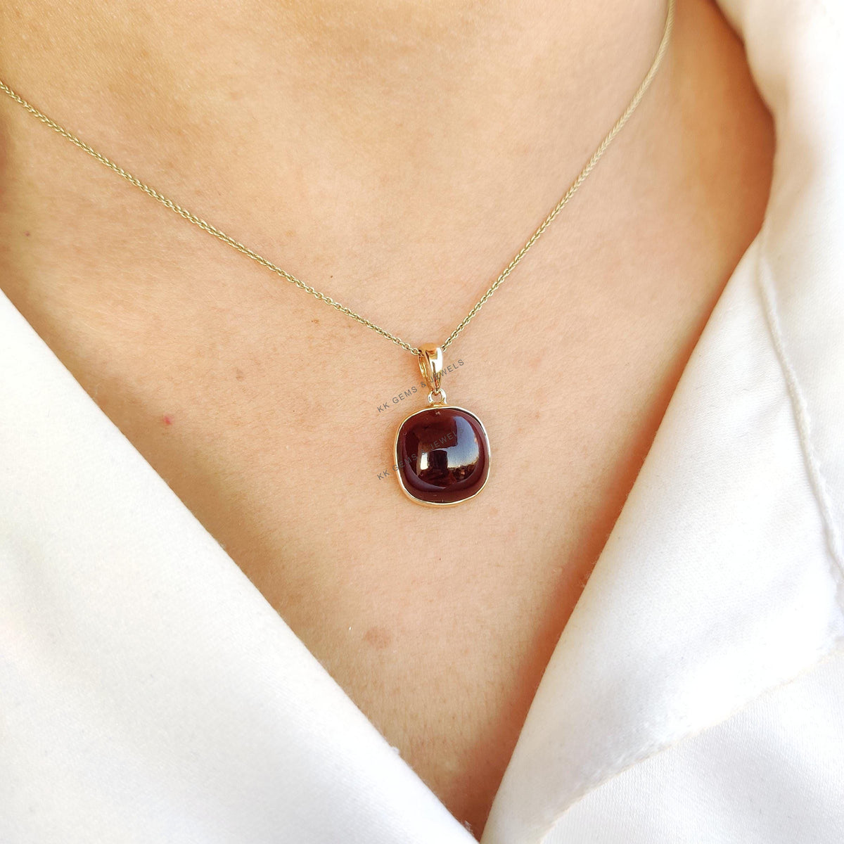 Natural Garnet Pendant: 14K Solid Yellow Gold Bezel Pendant, January Birthstone