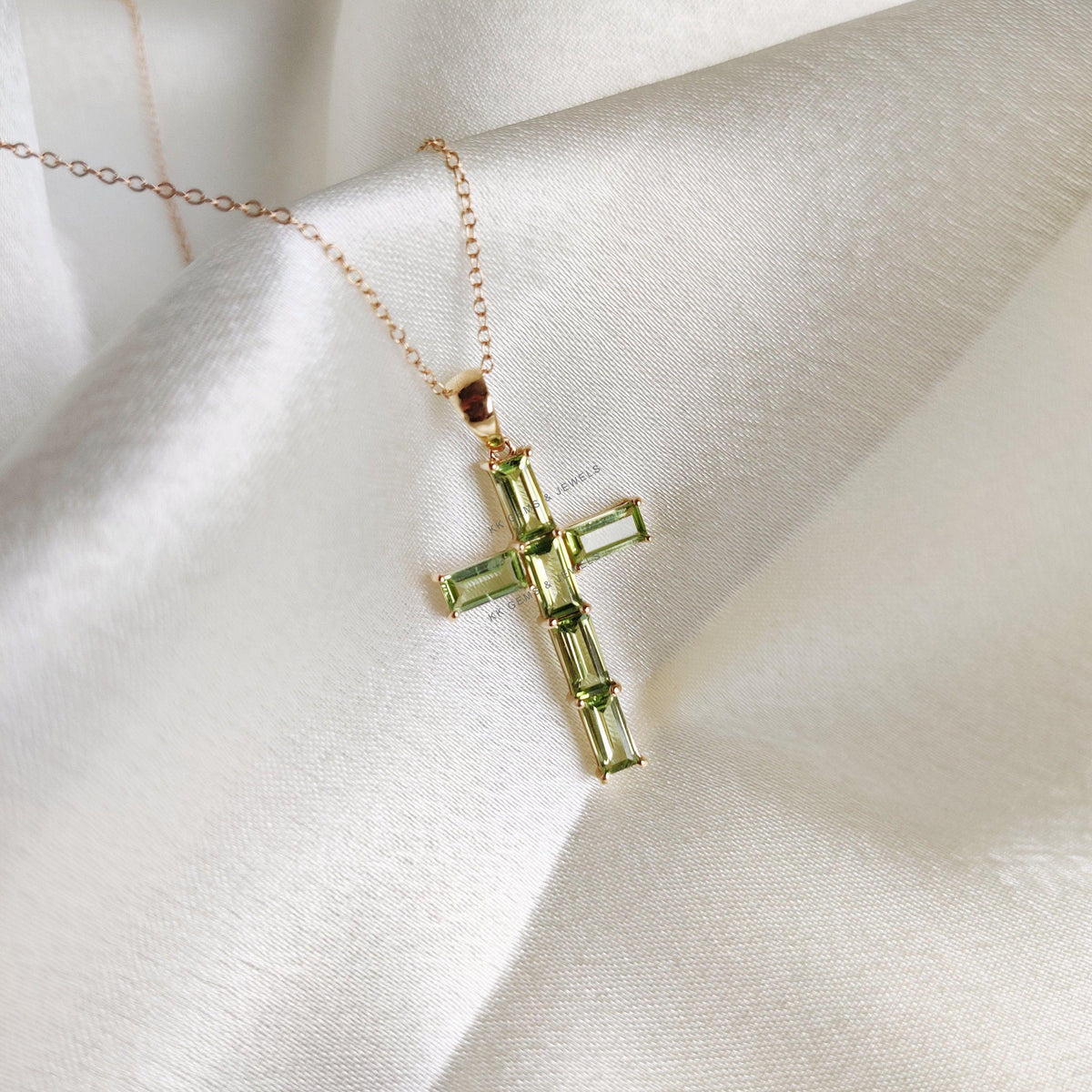 Natural Peridot Baugette Cross Pendant, 14K Solid Yellow Gold, Christmas Gift