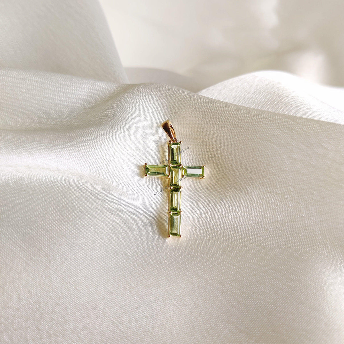 Natural Peridot Baugette Cross Pendant, 14K Solid Yellow Gold, Christmas Gift