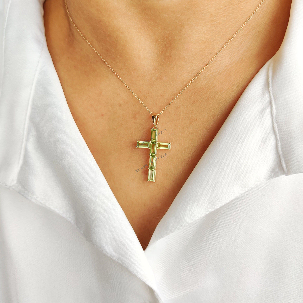 Natural Peridot Baugette Cross Pendant, 14K Solid Yellow Gold, Christmas Gift