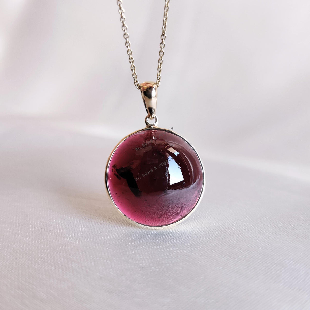 14K Solid Yellow Gold Natural Garnet Pendant: Round Cabochon January Birthstone