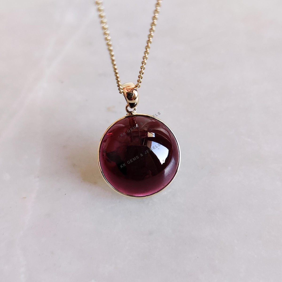 14K Solid Yellow Gold Natural Garnet Pendant: Round Cabochon January Birthstone