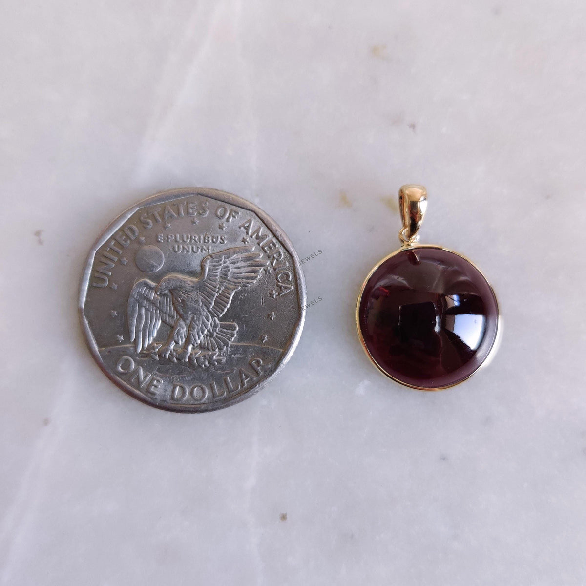 14K Solid Yellow Gold Natural Garnet Pendant: Round Cabochon January Birthstone