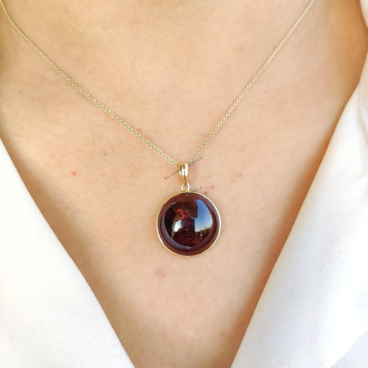 14K Solid Yellow Gold Natural Garnet Pendant: Round Cabochon January Birthstone