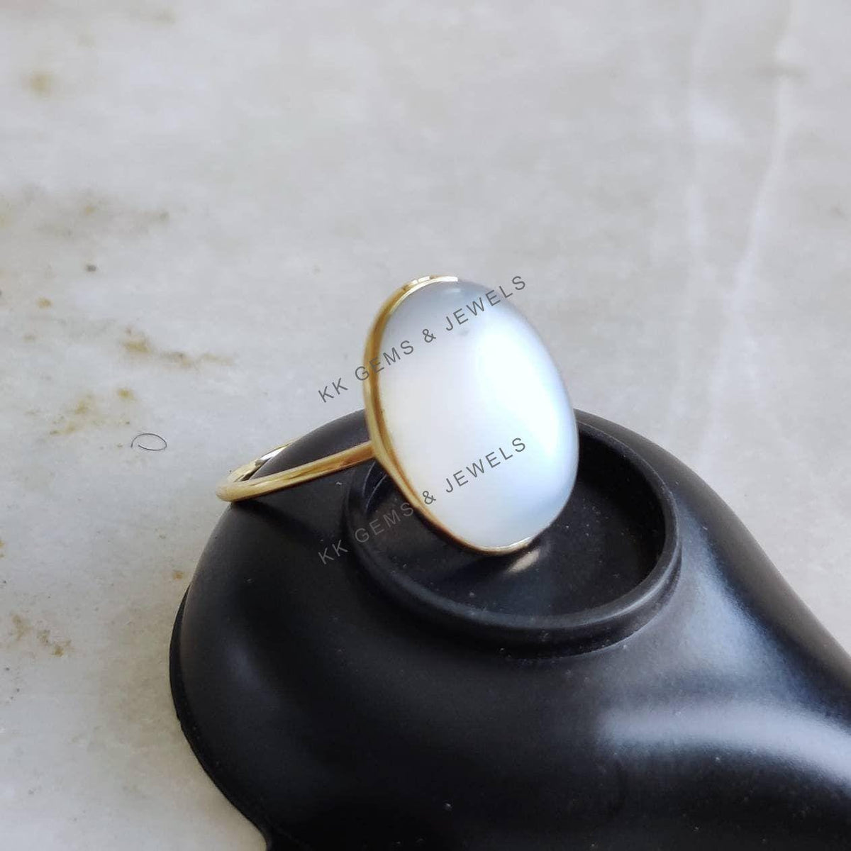 14K Solid Yellow Gold Natural White Moonstone Ring, Bezel Setting, Christmas Present
