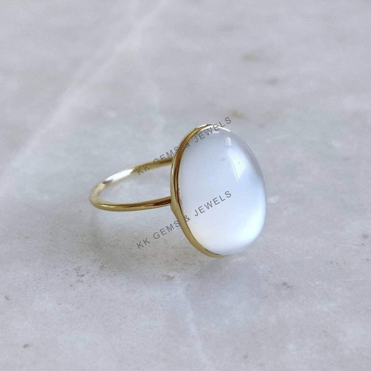 14K Solid Yellow Gold Natural White Moonstone Ring, Bezel Setting, Christmas Present
