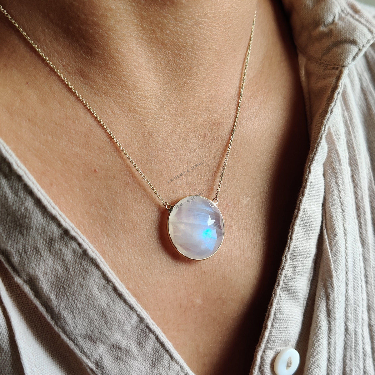 Natural Rainbow Moonstone Pendant, 14K Solid Gold Necklace, June Birthstone