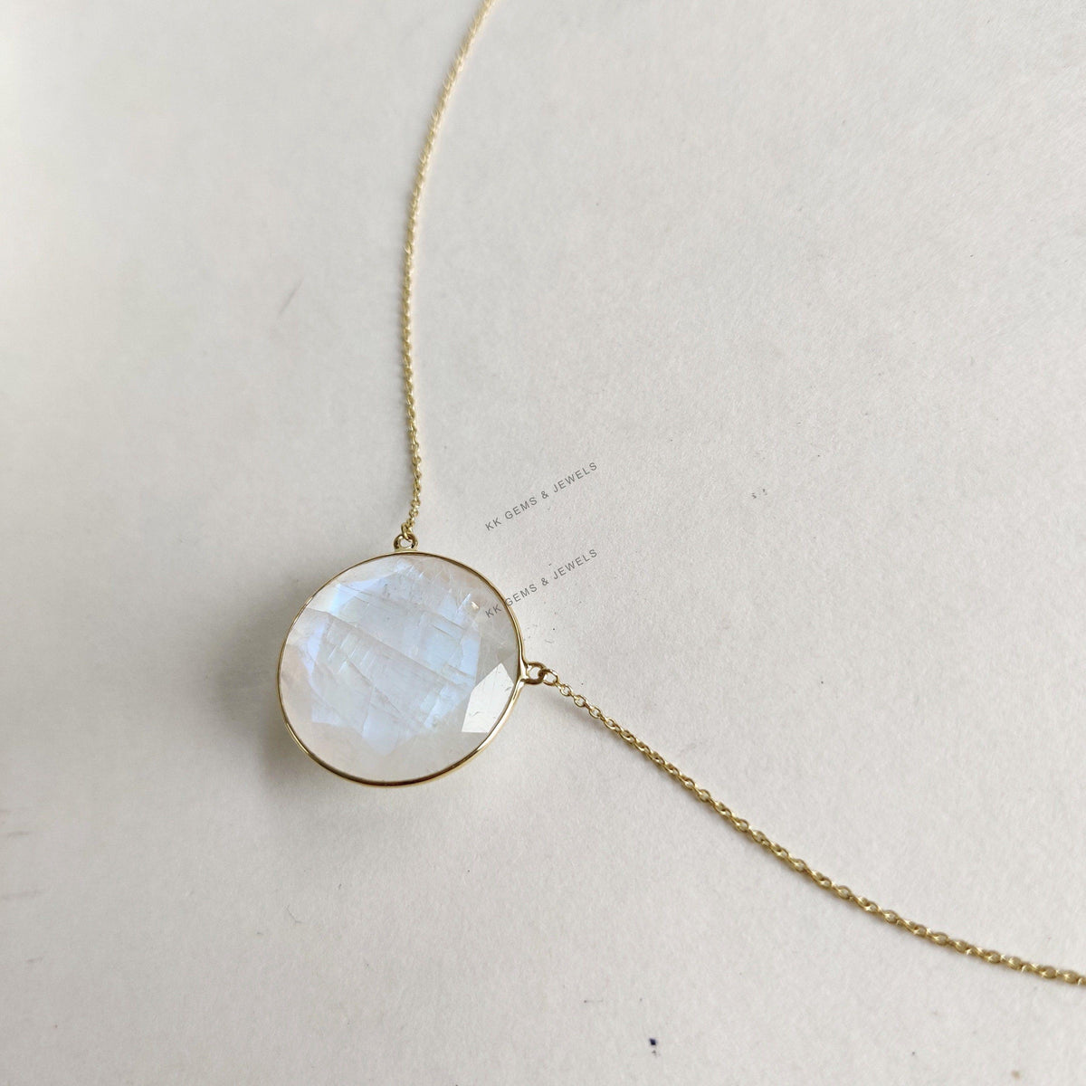 Natural Rainbow Moonstone Pendant, 14K Solid Gold Necklace, June Birthstone