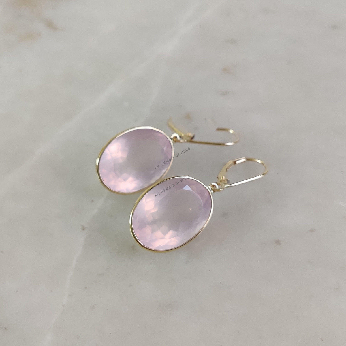 14K Solid Yellow Gold Natural Rose Quartz Earrings, Bezel Set