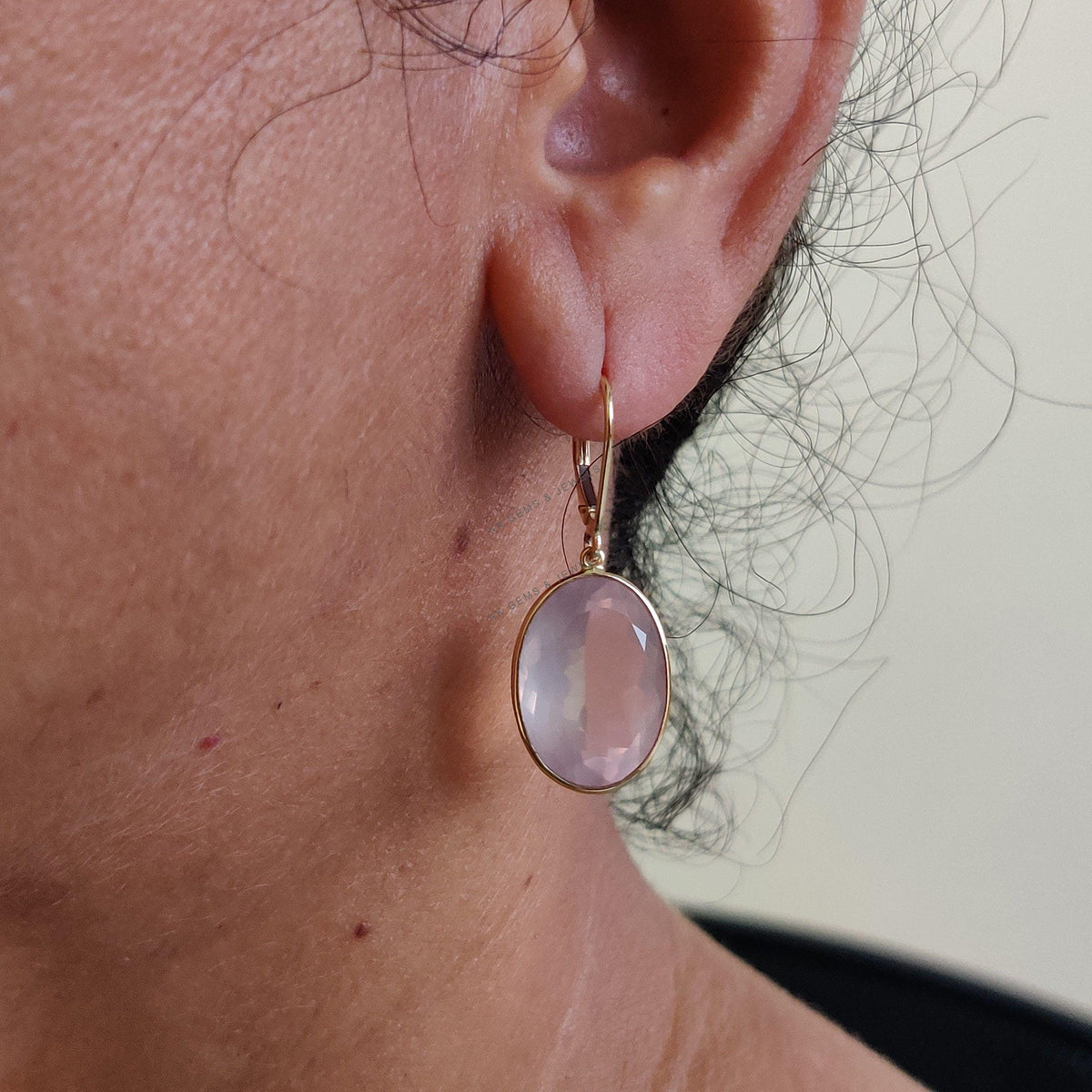 14K Solid Yellow Gold Natural Rose Quartz Earrings, Bezel Set