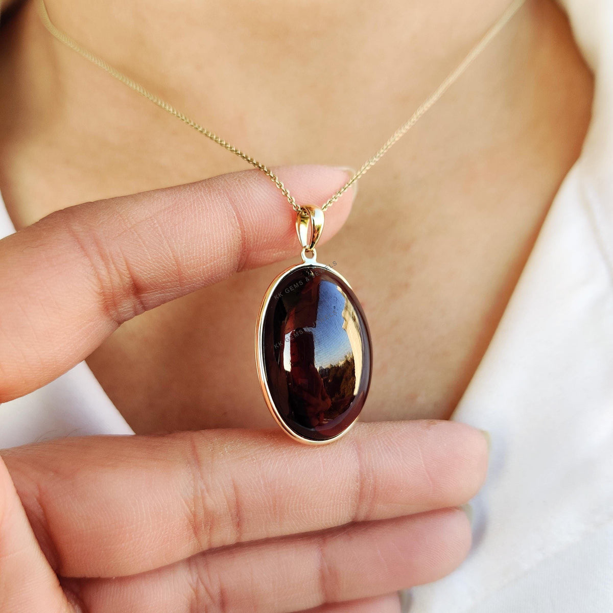 14K Solid Yellow Gold Natural Garnet Pendant: Oval January Birthstone Jewelry