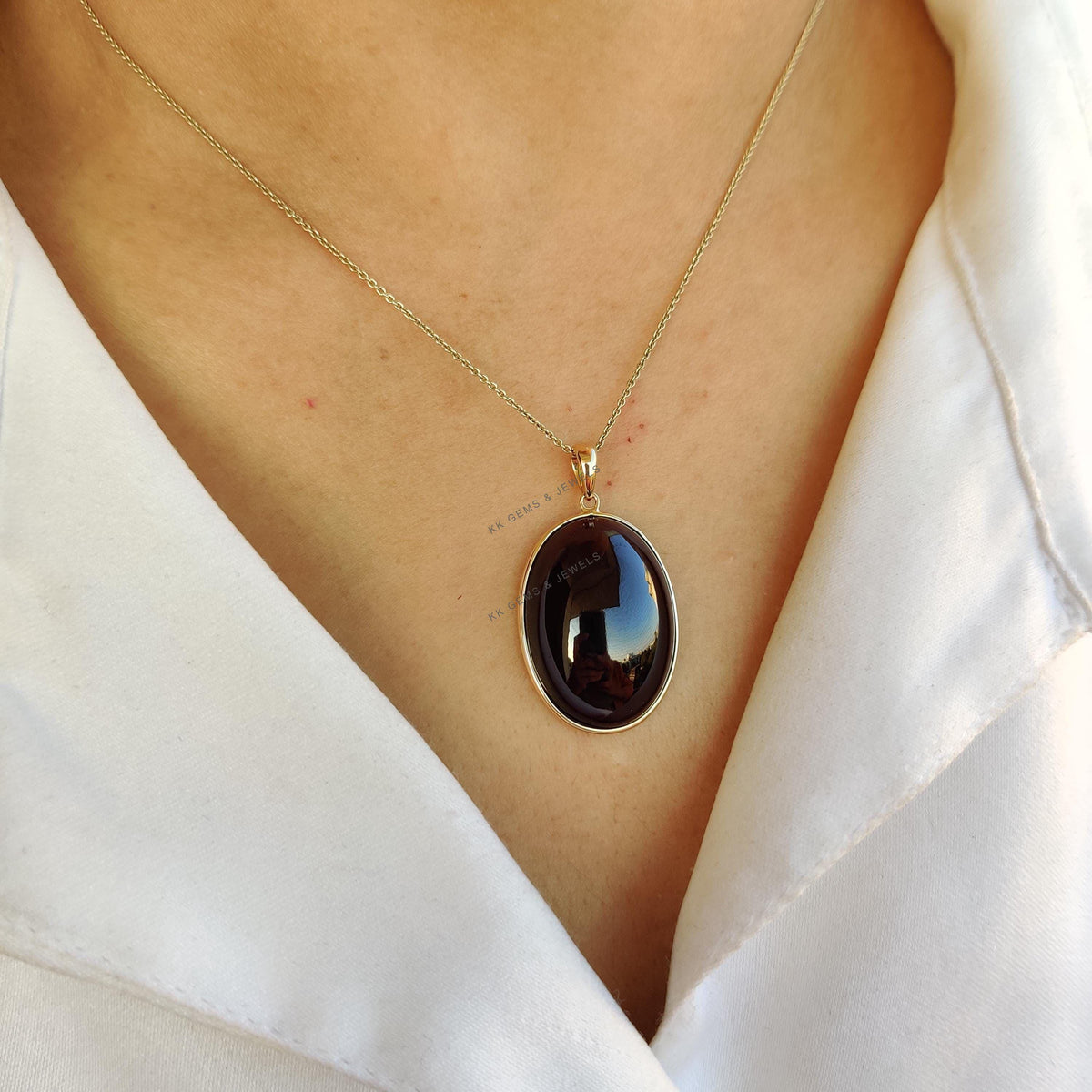 14K Solid Yellow Gold Natural Garnet Pendant: Oval January Birthstone Jewelry