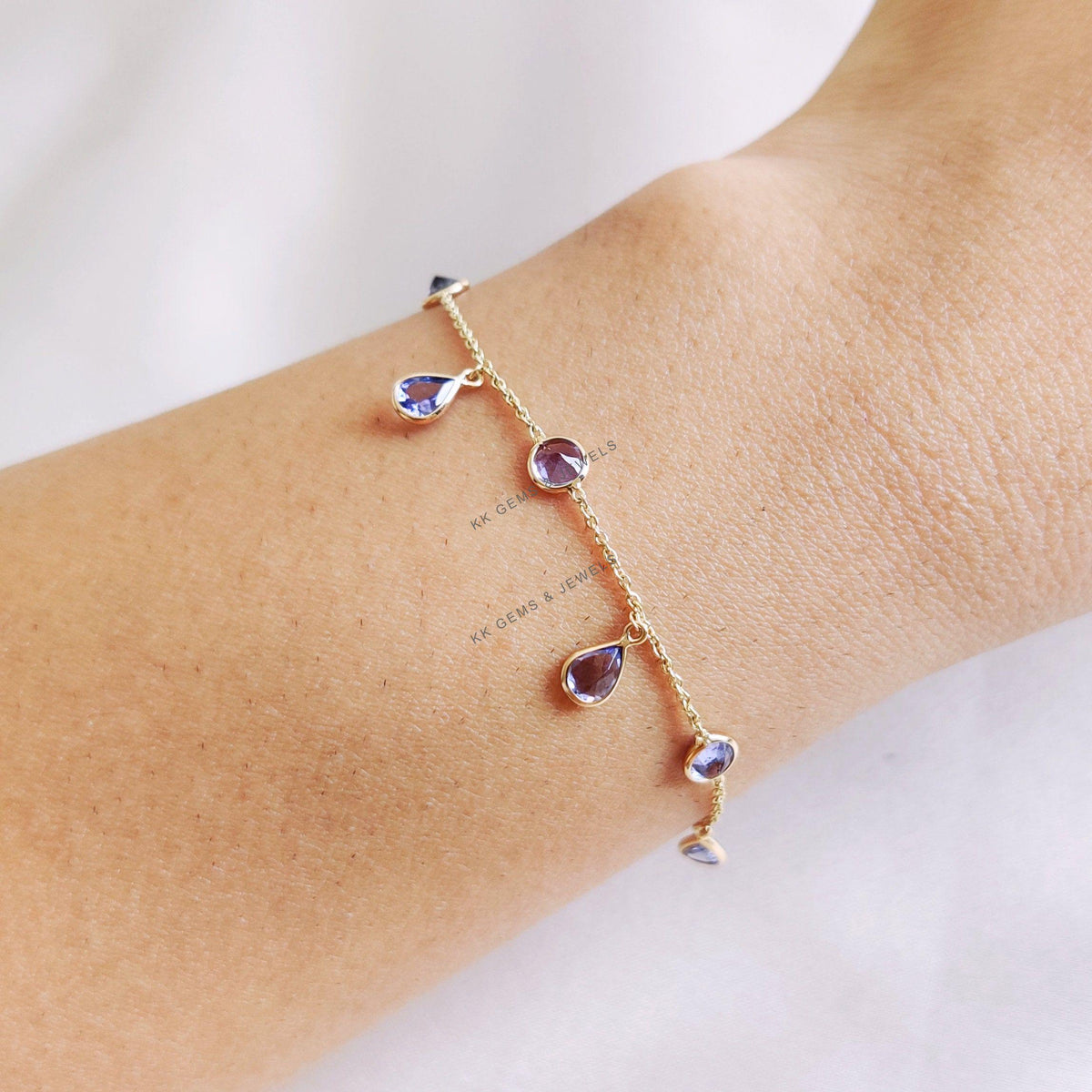 14K Solid Yellow Gold Natural Tanzanite Bracelet, December Birthstone