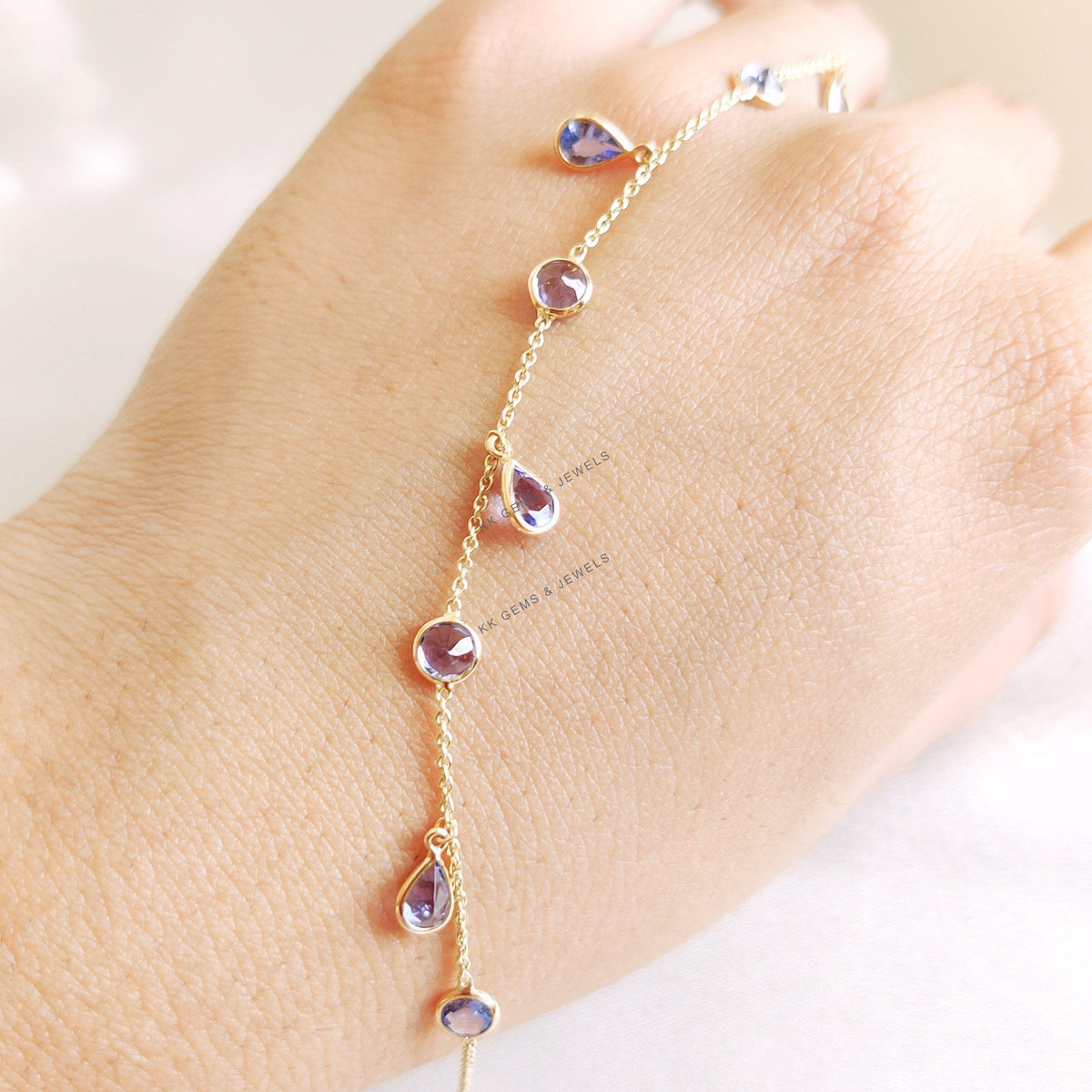 14K Solid Yellow Gold Natural Tanzanite Bracelet, December Birthstone
