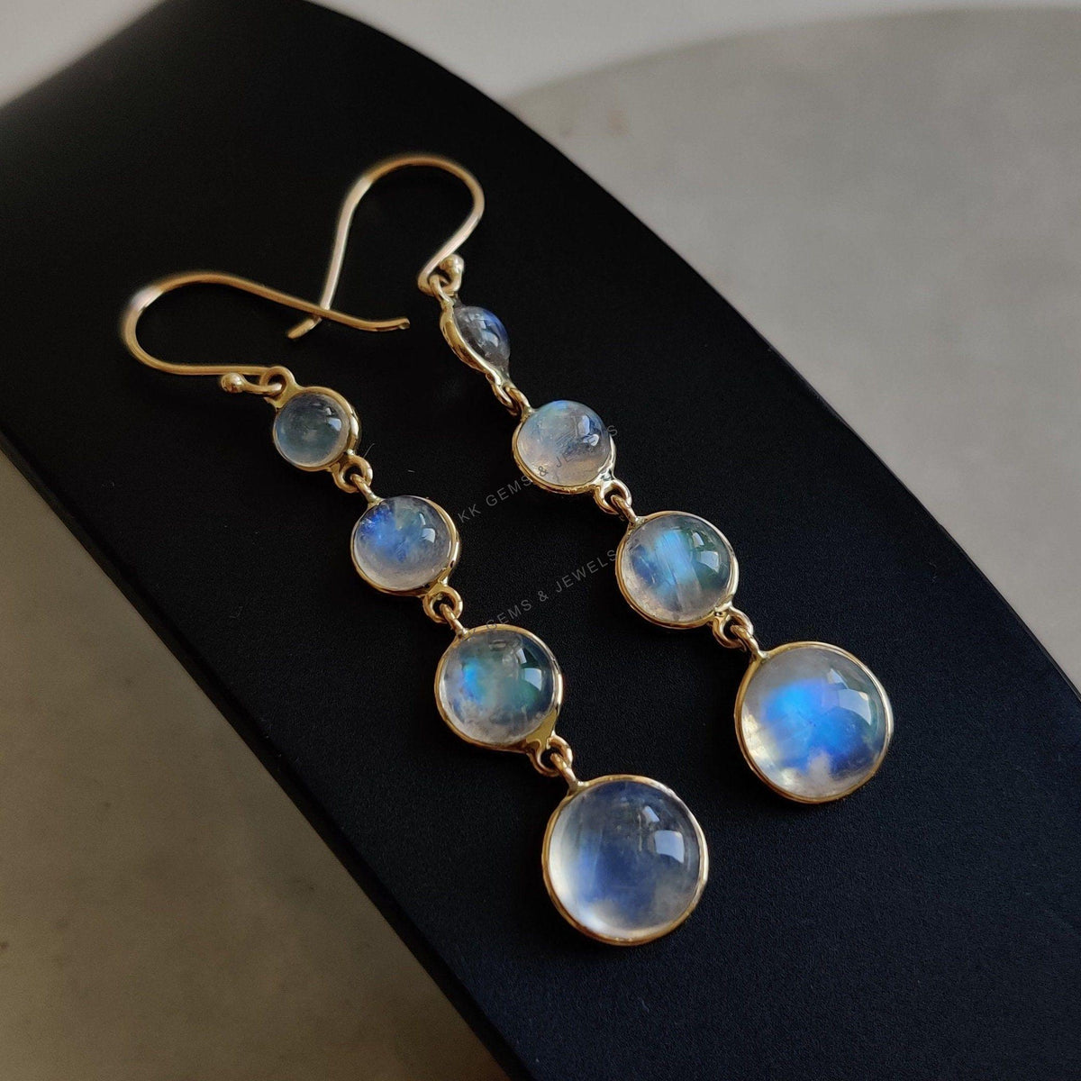 14K Solid Yellow Gold Natural Rainbow Moonstone Danglers, June Birthstone