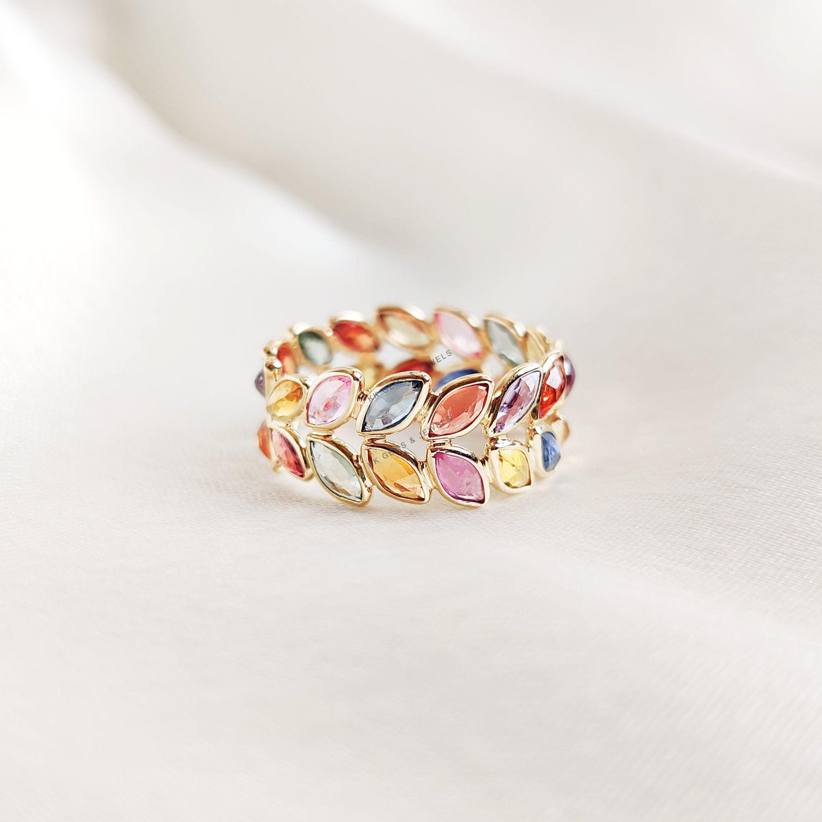 Natural Multi Sapphire Ring, 14K Solid Yellow Gold Bezel Ring, Christmas Present