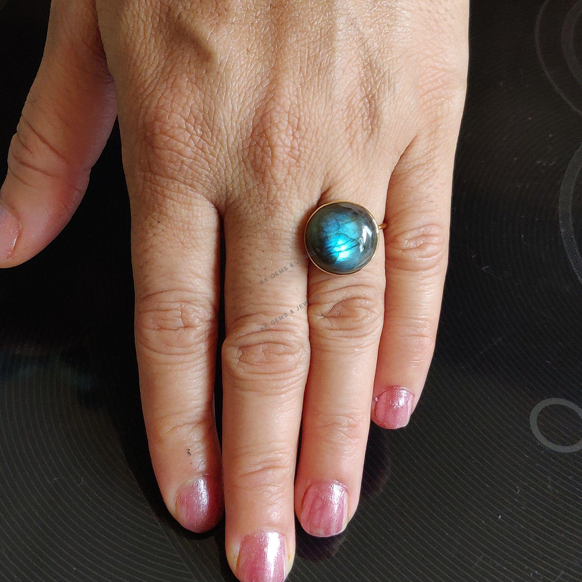 Natural Labradorite Ring, 14K Solid Yellow Gold Bezel Ring, Round Cabochon