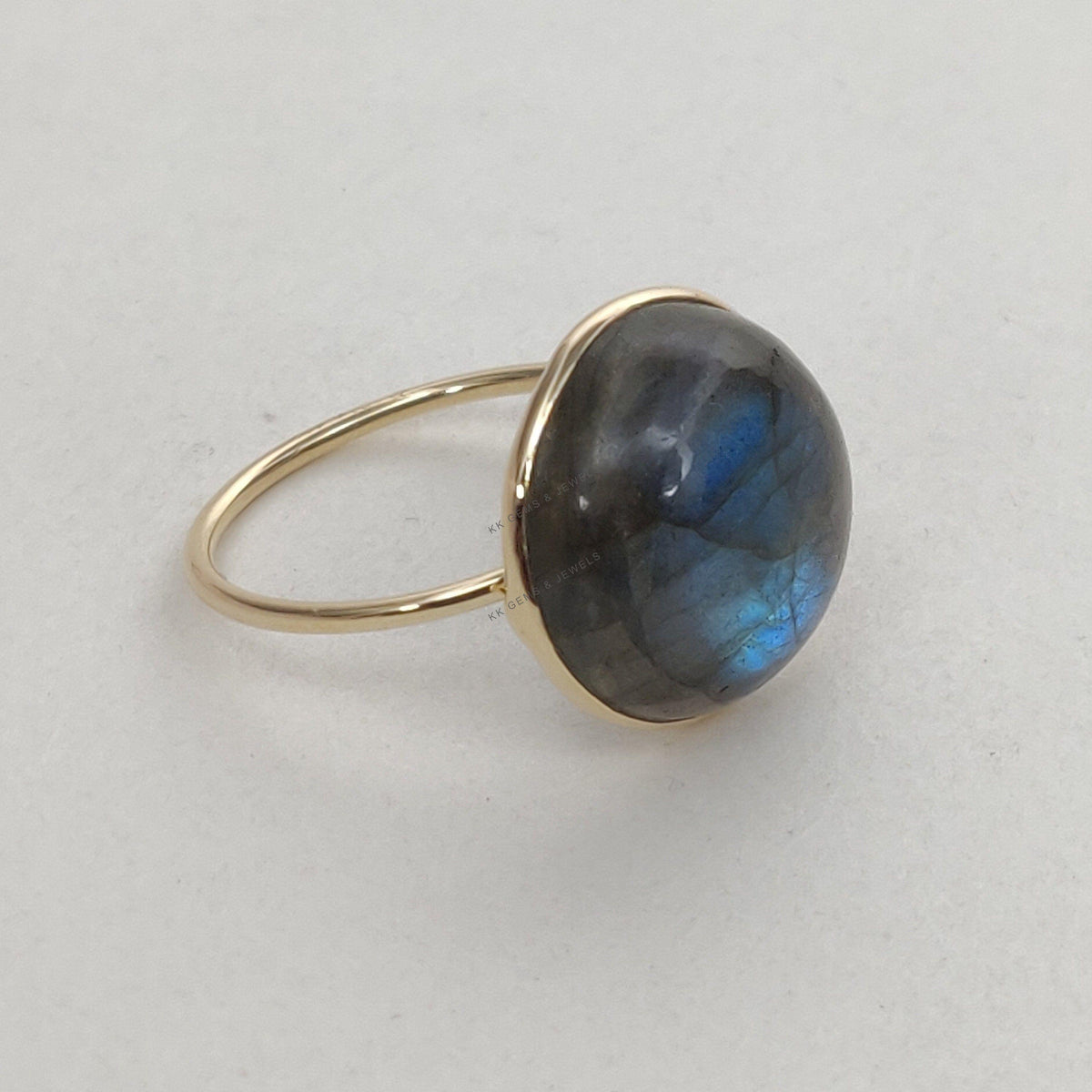 Natural Labradorite Ring, 14K Solid Yellow Gold Bezel Ring, Round Cabochon