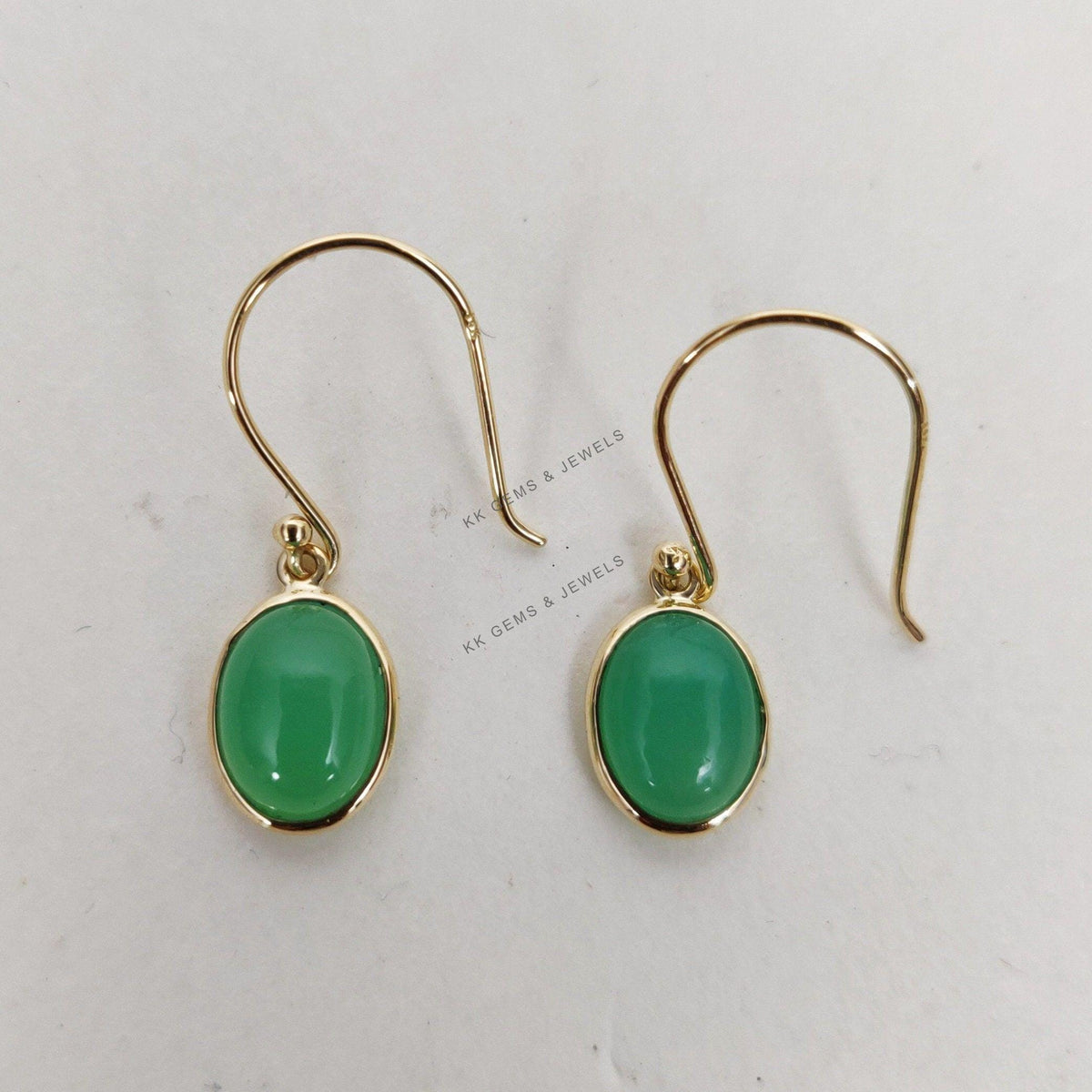 14K Solid Yellow Gold Natural Chrysoprase Drop Earrings, May Birthstone