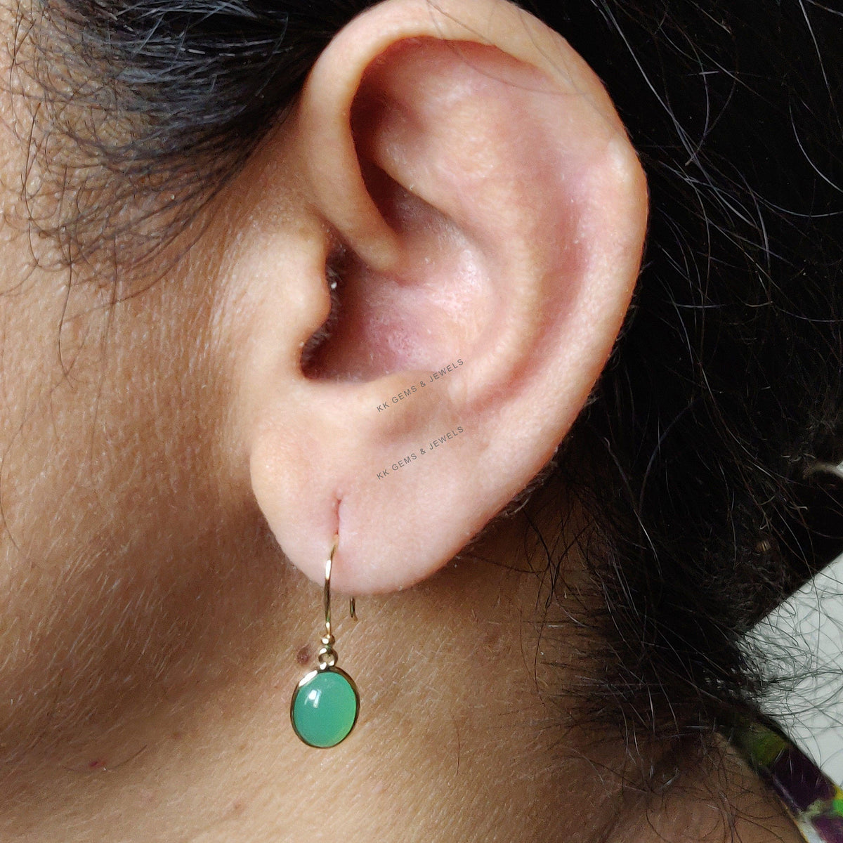 14K Solid Yellow Gold Natural Chrysoprase Drop Earrings, May Birthstone