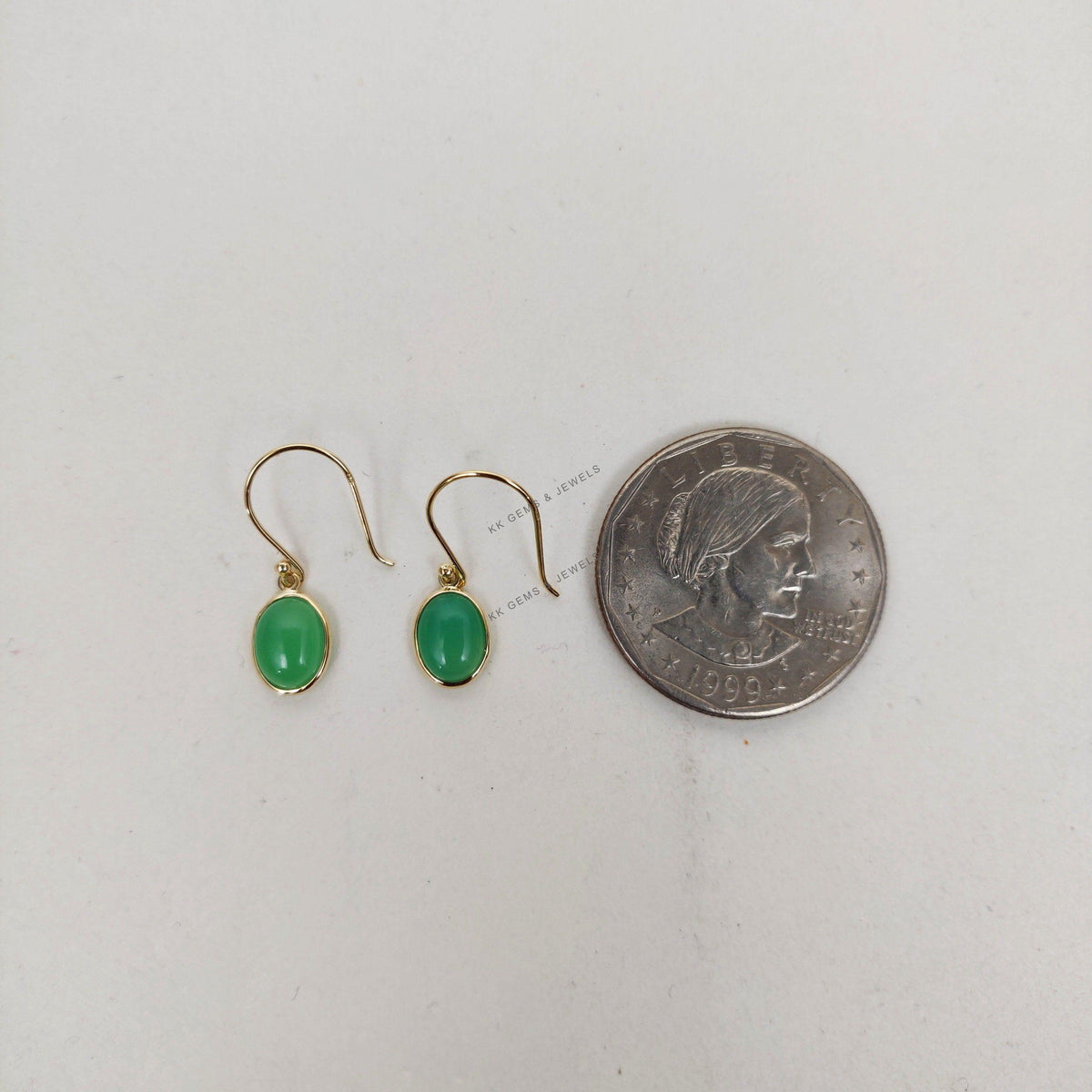 14K Solid Yellow Gold Natural Chrysoprase Drop Earrings, May Birthstone
