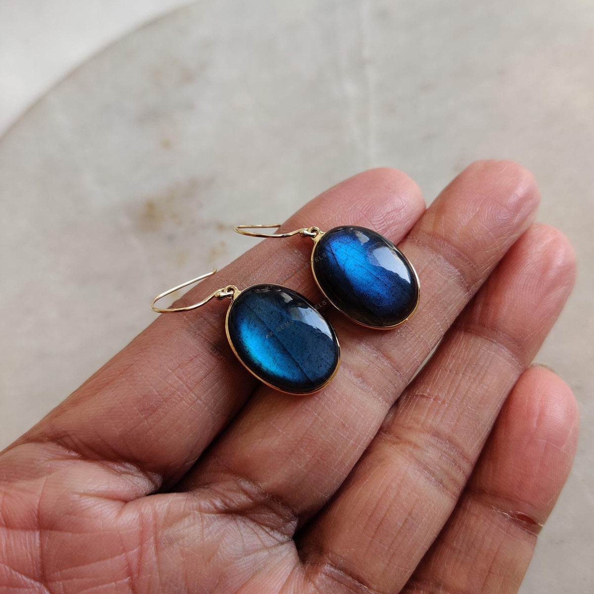 14K Solid Gold Natural Labradorite Drop Earrings, November Birthstone