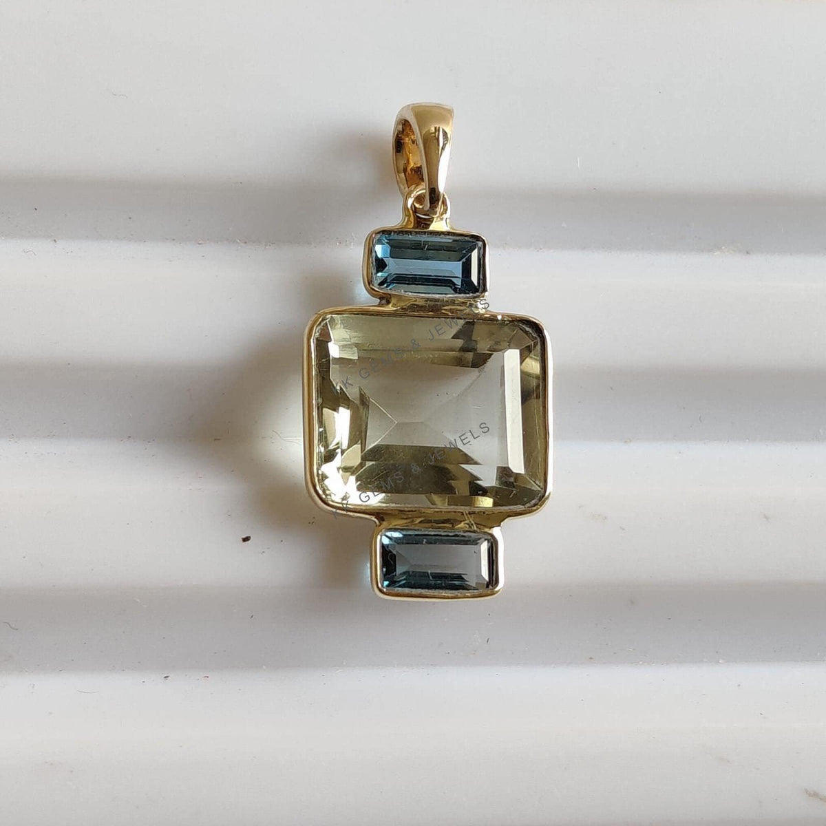 14K Solid Gold Natural Green Amethyst & London Blue Topaz Pendant, February Birthstone