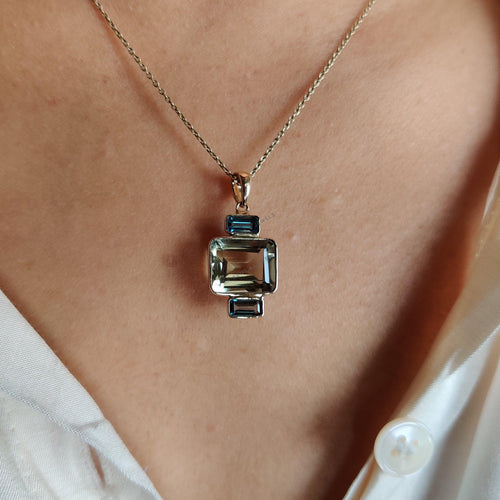 14K Solid Gold Natural Green Amethyst & London Blue Topaz Pendant, February Birthstone