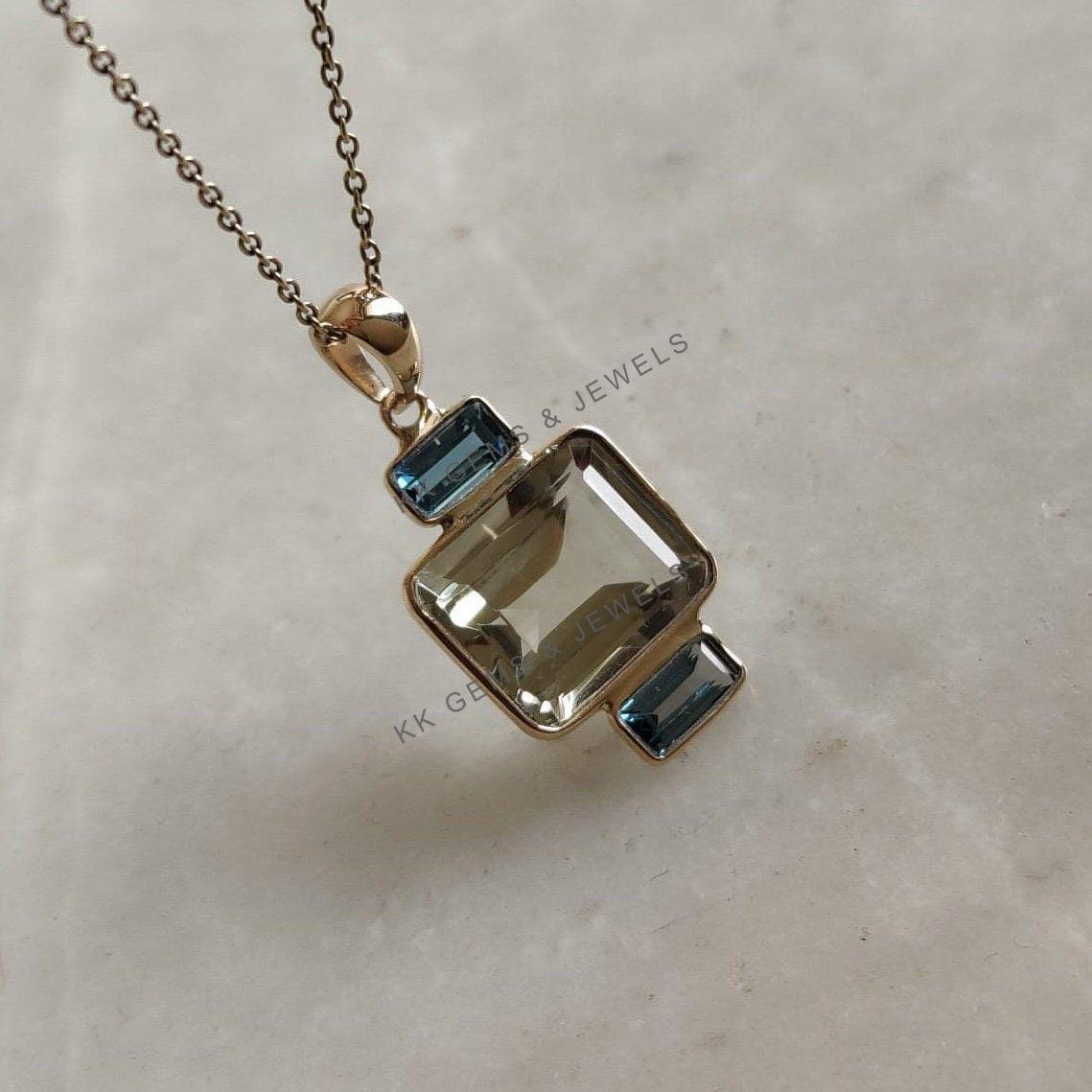 14K Solid Gold Natural Green Amethyst & London Blue Topaz Pendant, February Birthstone