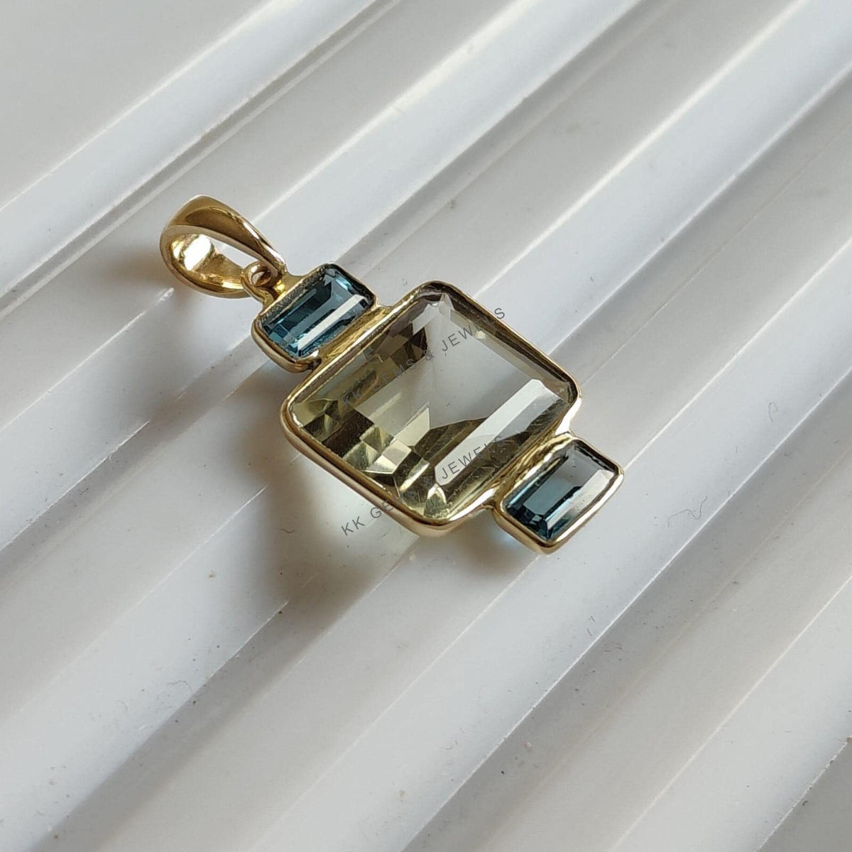 14K Solid Gold Natural Green Amethyst & London Blue Topaz Pendant, February Birthstone