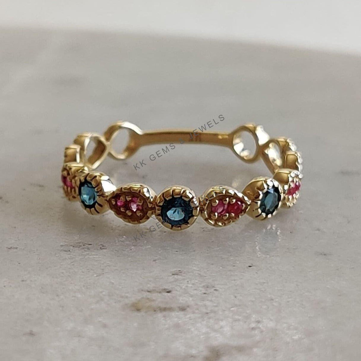Natural London Blue Topaz & Ruby Ring, 14K Solid Yellow Gold, Birthstone Jewelry