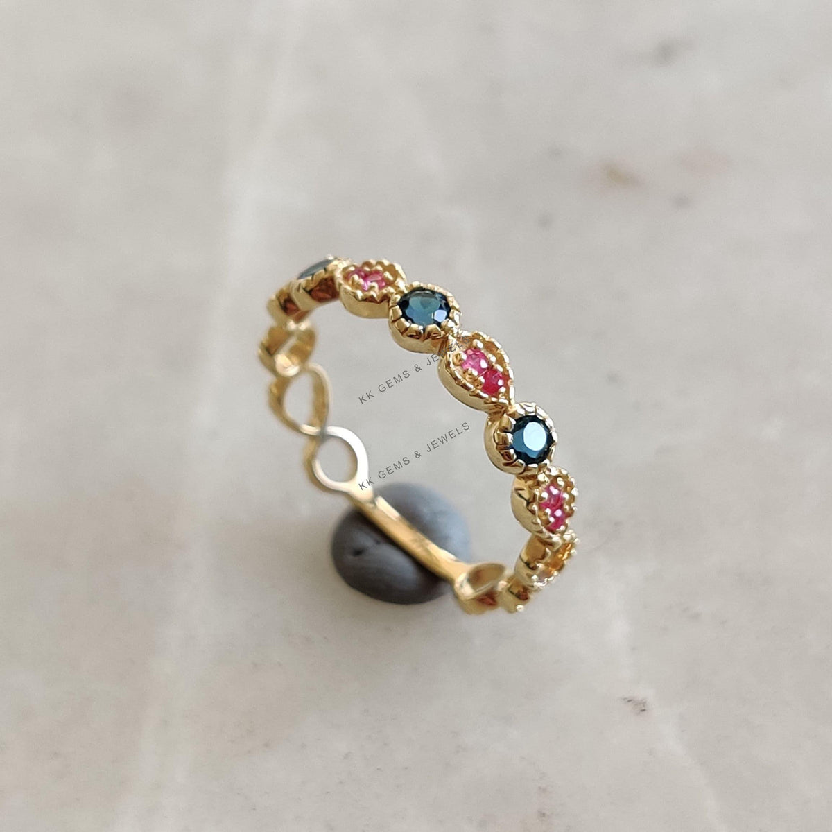 Natural London Blue Topaz & Ruby Ring, 14K Solid Yellow Gold, Birthstone Jewelry
