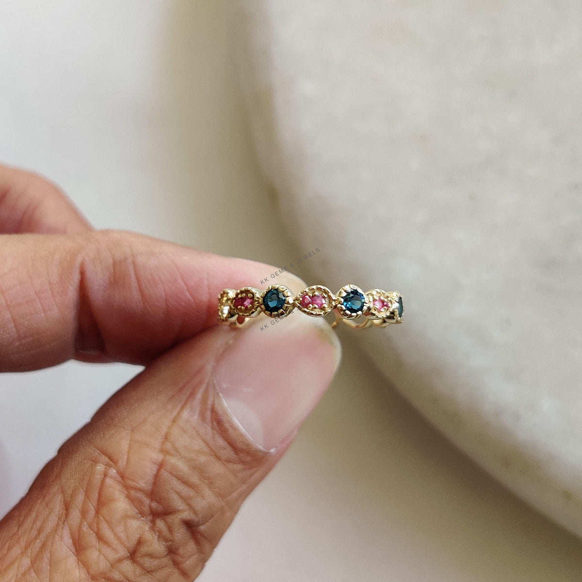 Natural London Blue Topaz & Ruby Ring, 14K Solid Yellow Gold, Birthstone Jewelry