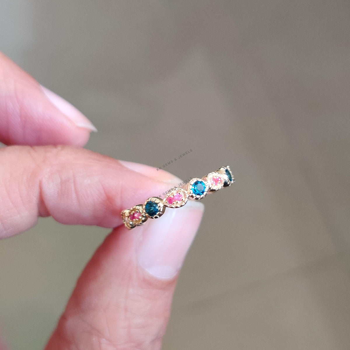 Natural London Blue Topaz & Ruby Ring, 14K Solid Yellow Gold, Birthstone Jewelry