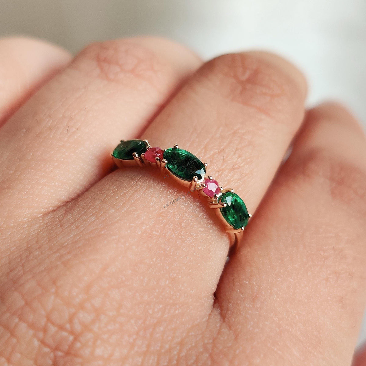 Natural Emerald & Ruby 14K Solid Yellow Gold Ring: Dainty Gemstone Jewelry