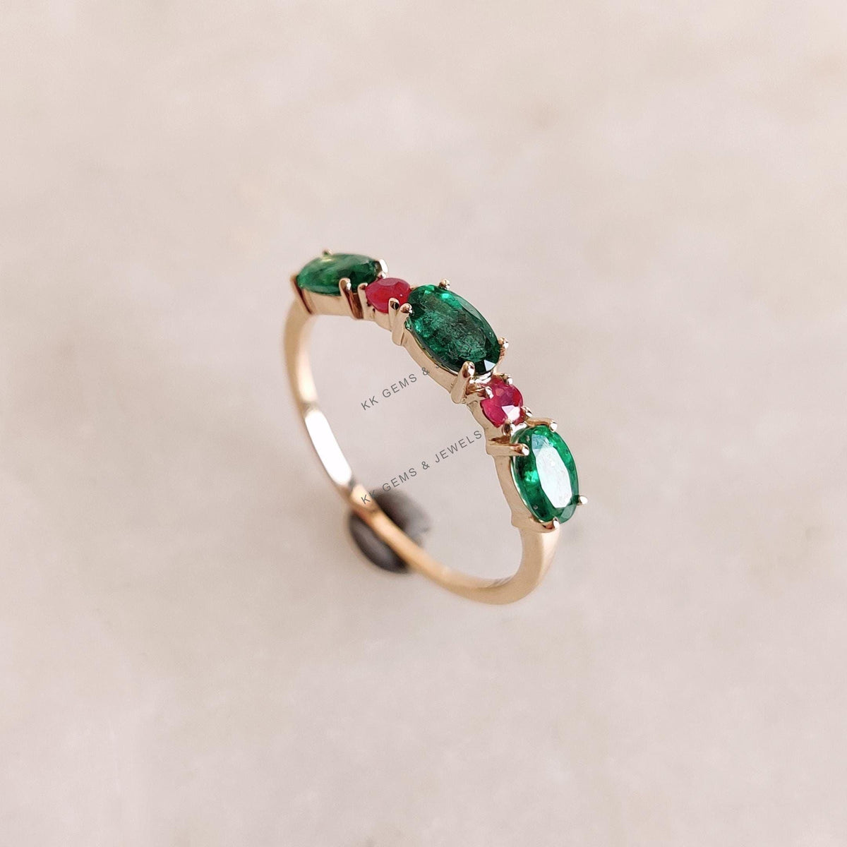 Natural Emerald & Ruby 14K Solid Yellow Gold Ring: Dainty Gemstone Jewelry
