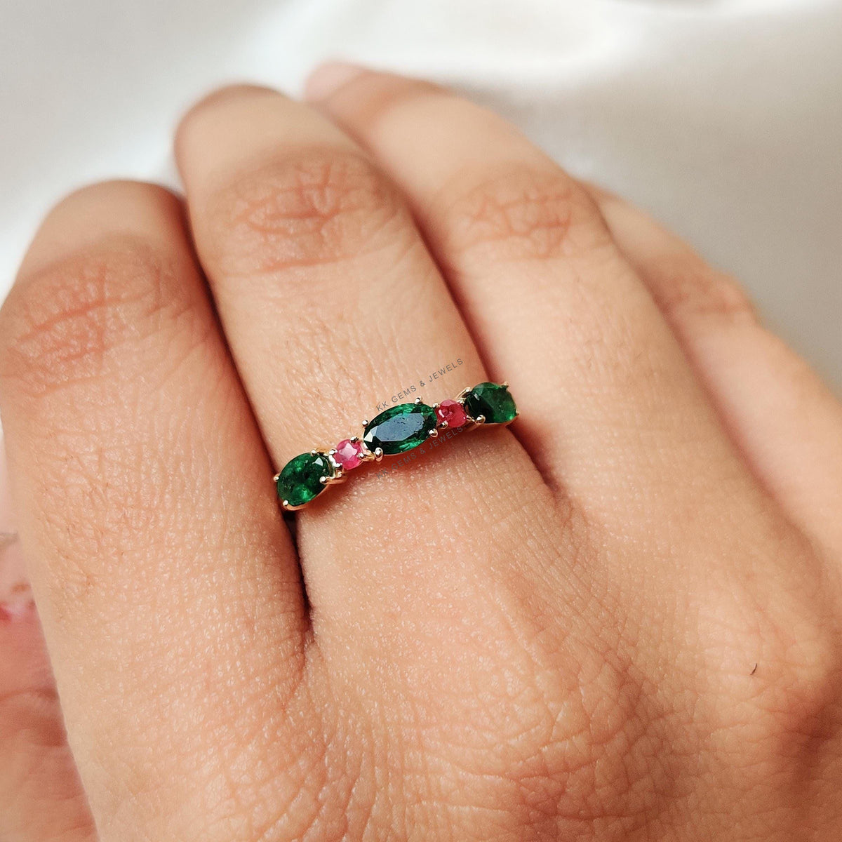Natural Emerald & Ruby 14K Solid Yellow Gold Ring: Dainty Gemstone Jewelry