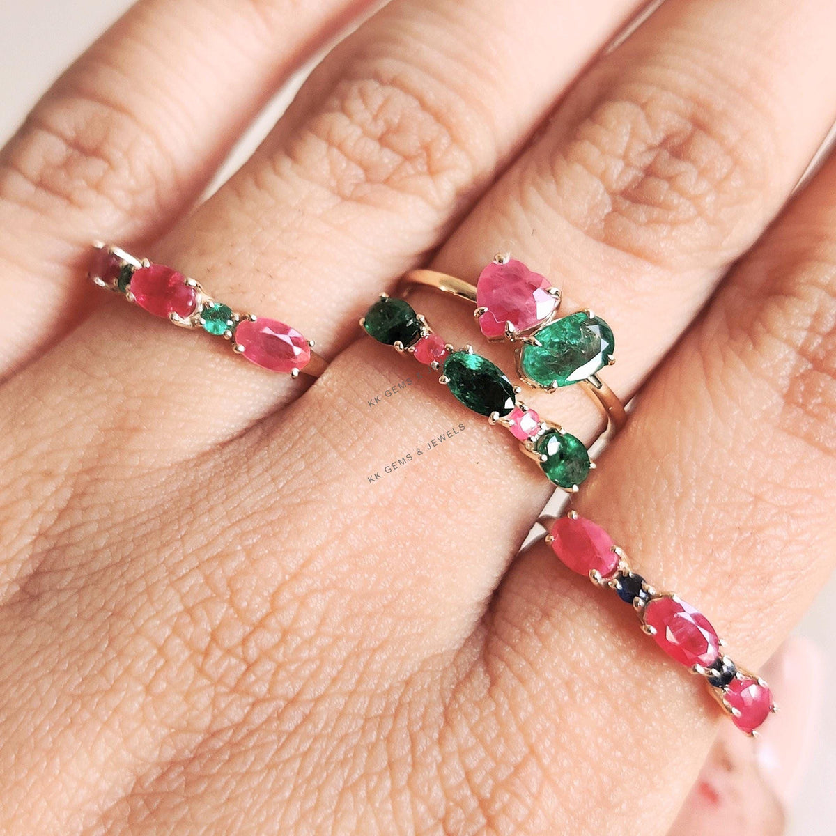Natural Emerald & Ruby 14K Solid Yellow Gold Ring: Dainty Gemstone Jewelry