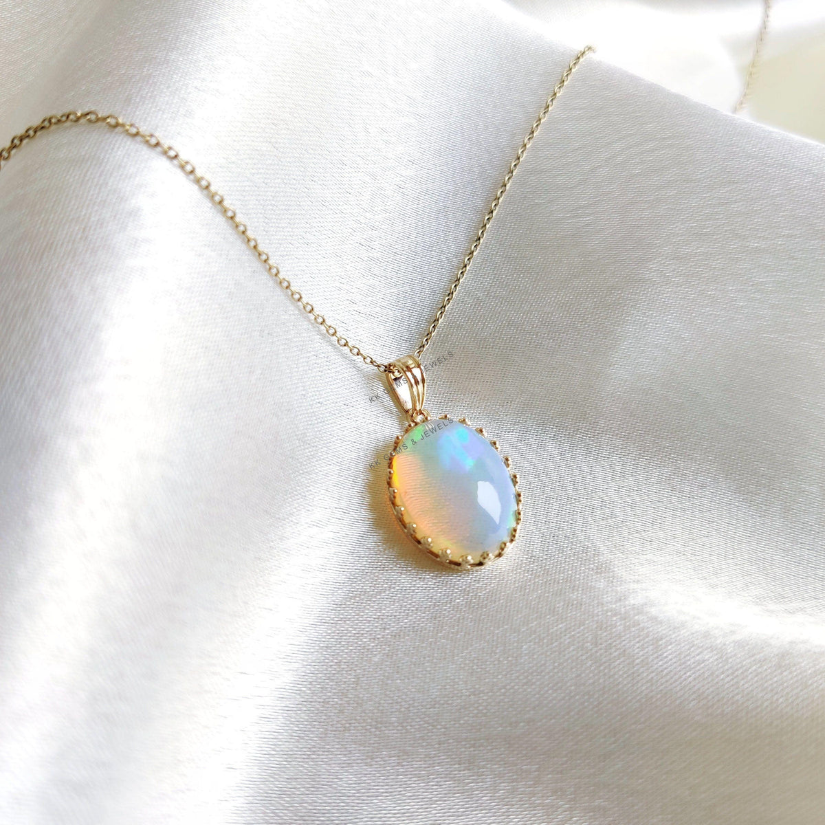 Natural Ethiopian Opal Pendant, 14K Solid Yellow Gold Crown Bezel Pendant