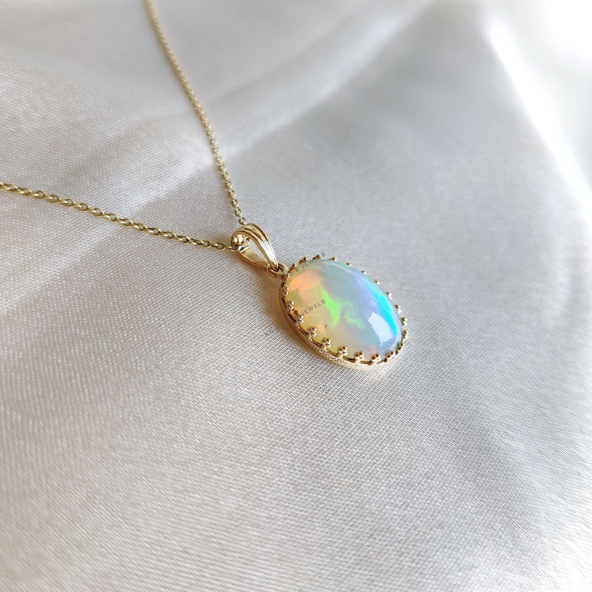 Natural Ethiopian Opal Pendant, 14K Solid Yellow Gold Crown Bezel Pendant