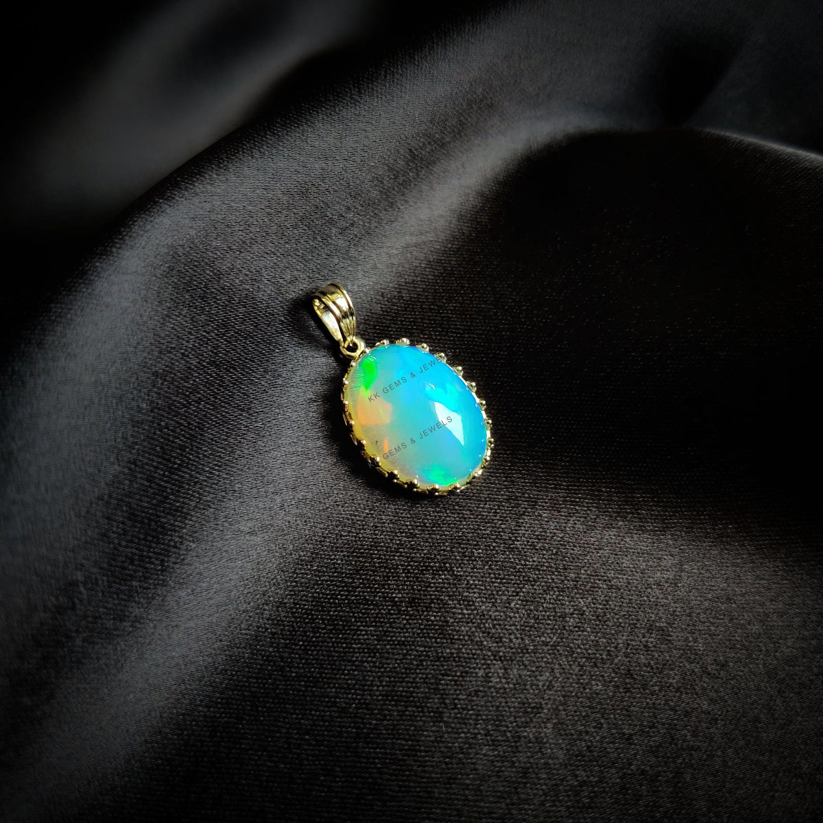 Natural Ethiopian Opal Pendant, 14K Solid Yellow Gold Crown Bezel Pendant