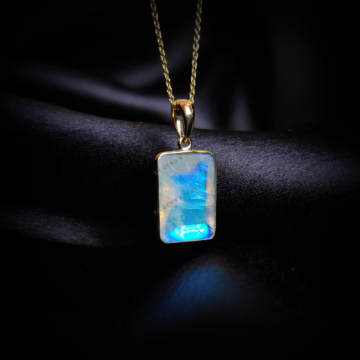 Natural Rainbow Moonstone Pendant, 14K Solid Yellow Gold, June Birthstone