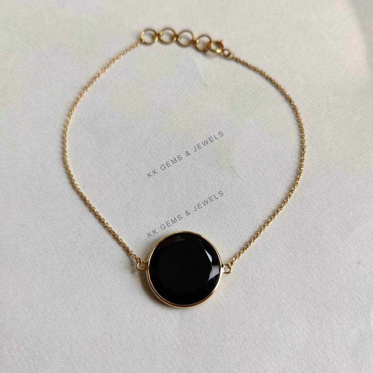 14K Solid Yellow Gold Natural Black Onyx Bracelet, Dainty Chain