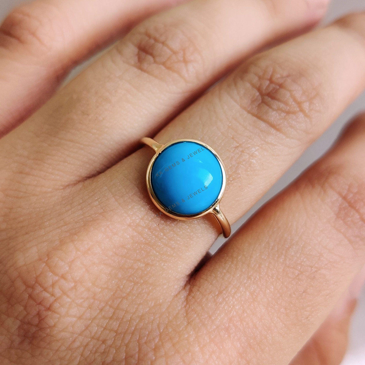 14K Solid Gold Natural Arizona Turquoise Ring, Dainty Bezel Ring