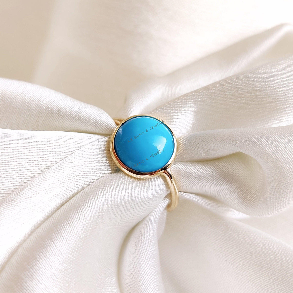 14K Solid Gold Natural Arizona Turquoise Ring, Dainty Bezel Ring