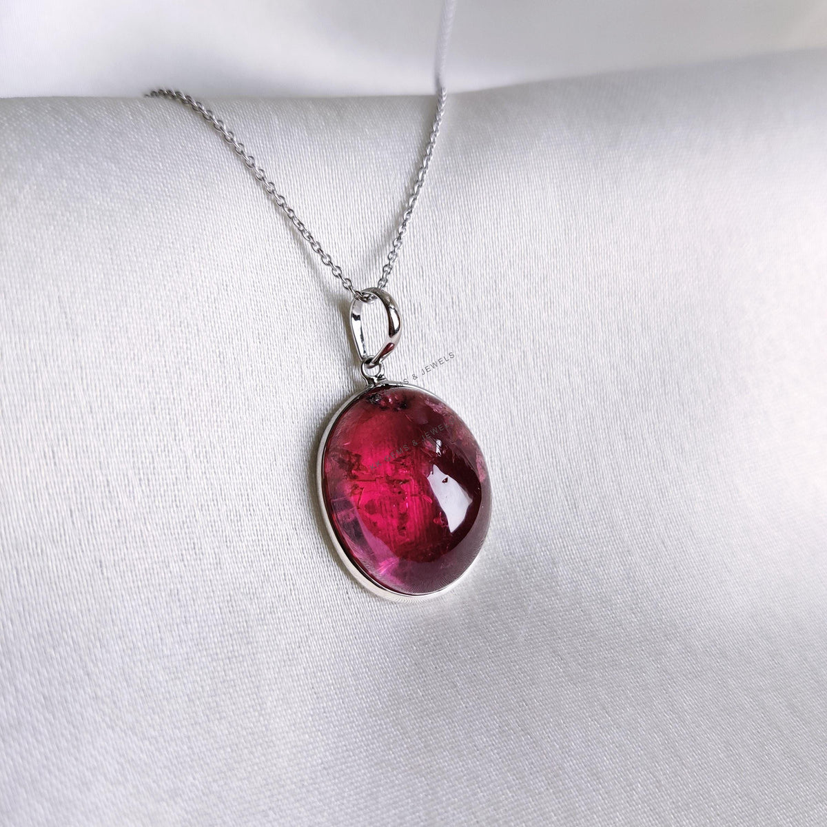 Natural Rubellite Tourmaline Pendant, 14K Solid White Gold Bezel Set, October Birthstone
