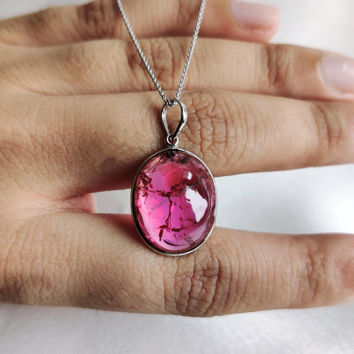 Natural Rubellite Tourmaline Pendant, 14K Solid White Gold Bezel Set, October Birthstone