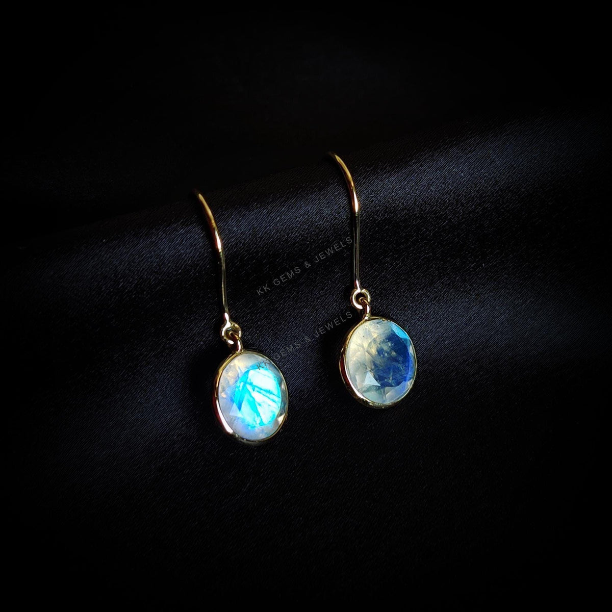 14K Solid Yellow Gold Natural Rainbow Moonstone Drop Earrings, Christmas Gift