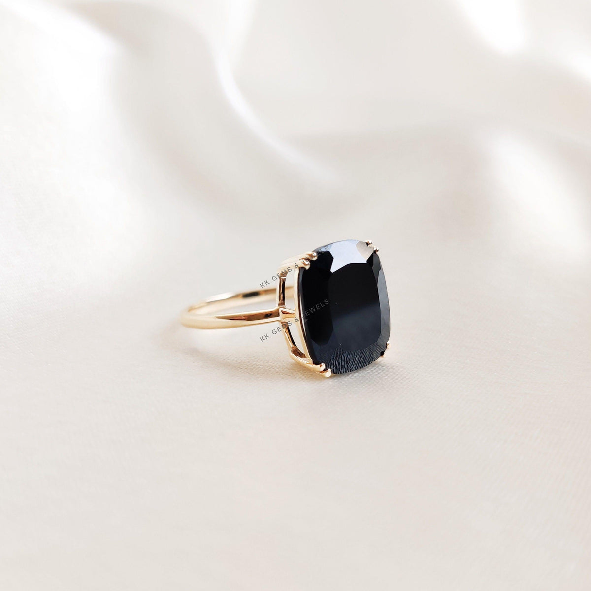 Natural Black Onyx Ring, 14K Solid Yellow Gold, Cushion Cut Gemstone
